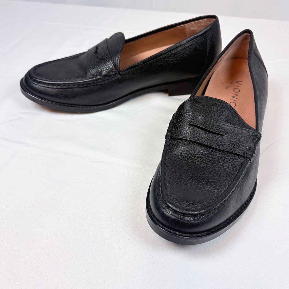 Vionic Waverly Black Tumbled Leather Penny Loafers Womens 7 Orthotic Preppy EUC